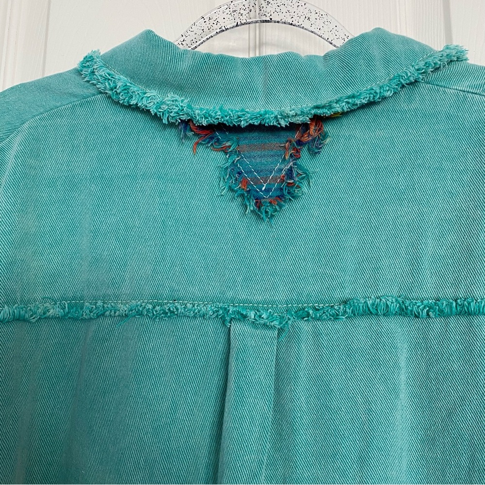 POL Shacket Women’s Medium Teal Denim Plaid Patchwork Distressed Oversized - Picture 9 of 13